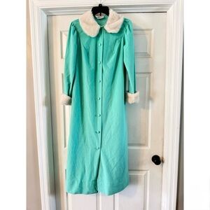 Vintage Henson Kickernick Aqua Button Up Robe Faux Fur Trim Mod Velour Caftan S